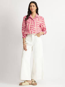 Conjunto Casual de Verano para Mujer, Hermoso, de Algodón a Rayas Rosas, con Manga Tres Cuartos, Pantalones Anchos Blancos de Cintura Alta - Product Image 1