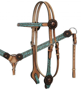 Light Oil Teal Filigree Copper Rosette Conchos Headstall Breast Collar and Reins Western Horse Tack Set Premium Handmade Genuine - Product Image 1