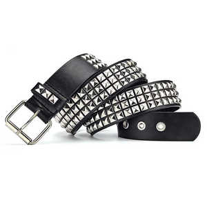 Ceinture en cuir de vachette noir avec clous pyramidaux argentés, boucle à ardillon, style décontracté, durable, moulage monobloc - Product Image 1