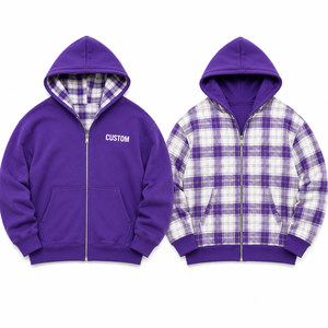 Sweats à capuche réversibles personnalisés Y2K, double couche, épais, entièrement zippés, en flanelle à carreaux, coupe ample, style streetwear, fournisseur OEM pour marques privées - Product Image 4