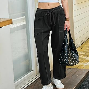Women Fashion Cargo Sweatpants Wide Leg Pants High Waist <b>Drawstring</b> Casual Loose Fit Streetwear - Product Image 2