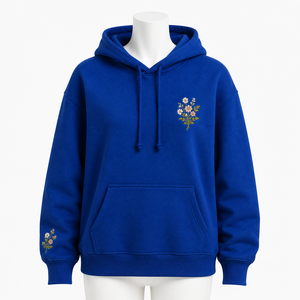 Sweat-shirt à capuche surdimensionné bleu royal pour femme avec broderie florale, poche avant, manches régulières, en coton tricoté, pour l'automne - Product Image 3