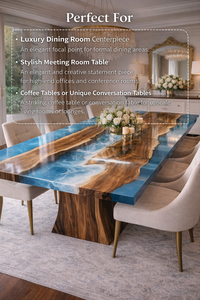 Table à manger de luxe en bois de noyer à bords naturels et résine époxy bleue, design moderne, faite à la main, mobilier de bureau d'exception - Product Image 6