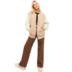 Women's Winter Varsity Bomber Jacket Two-Tone Quilted Wool Beige Body Leather Sleeves Casual Streetwear Cotton Eco-Friendly - Product Image 1
