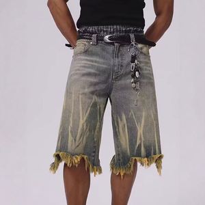 <b>Mens</b> Vintage Grunge Denim Jorts Medium Blue Yellow Mud Dyed Overdyed Baggy Oversized Fit Frayed Raw Hem Streetwear Apparel - Product Image 4