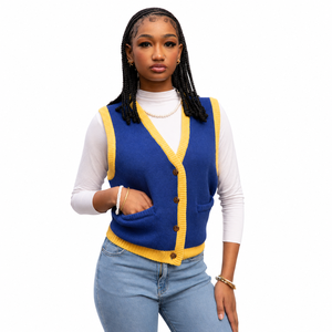 Cardigan en tricot bleu et jaune pour femme, sans manches, col en V, boutonné devant, pull décontracté - Product Image 4