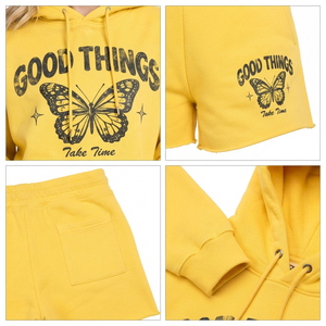 Conjunto de Sudadera con Capucha y Pantalones Cortos Estampados para Mujer, 100% Algodón Felpa, Hombros Caídos, Sudadera con Capucha y Pantalones Cortos con Cordón en la Cintura - Product Image 6