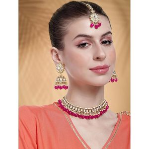 Ensemble de bijoux ethniques plaqués or avec perles roses et boucles d'oreilles en cristal pour femmes, pour mariage ou fête - Product Image 5
