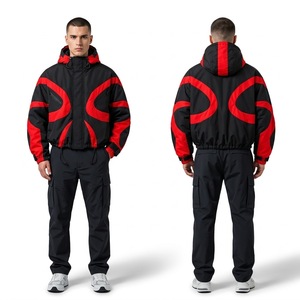 Veste coupe-vent noire et rouge personnalisée, à capuche, légère, pour le sport et la ville, avec fermeture éclair, empiècements contrastés et design personnalisé - Product Image 6