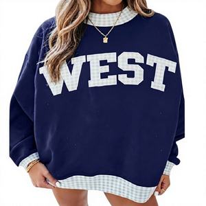Custom Women <b>Mock</b> <b>Neck</b> Sweatshirt USA West Gingham Trim Print Long Sleeve Autumn Winter Casual Streetwear <b>Tops</b> - Product Image 5