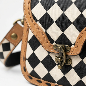 Vintage Genuine Leather Lightweight Shoulder Bag Black White Diamond Lattice Pattern Single Strap Lock Closure All Seasons Carry - Product Image 3
