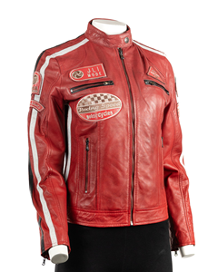 Veste de course en cuir rouge pour femme, style Cafe Racer, veste de motard, rayures blanches, coupe slim, vintage, moto - Product Image 3