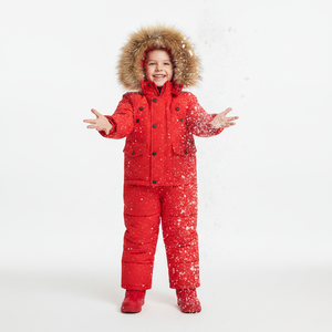Premium Kids Red Winter Snowsuit Set Thick <b>Fur</b> Hooded Down Jacket and Padded Bib Pants for Boys and Girls Skiing - Product Image 4
