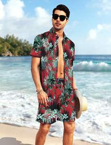 Chemise à manches courtes pour homme, imprimé floral tropical rouge et vert, col à revers, boutonnée, avec short assorti, ensemble 2 pièces, tenue hawaïenne décontractée - Product Image 5