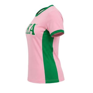 Camiseta Rosa y Verde con Rayas Laterales para Mujer, Top Casual de Manga Corta, Cuello Redondo, Estilo Urbano, Ropa de Uso Diario - Product Image 3