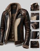 Veste en cuir PU gaufré crocodile pour homme, style motard, col montant, fermeture éclair, coupe ajustée, pour l'automne