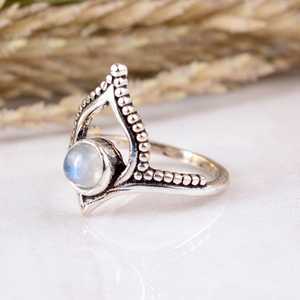 SHYAM JEWELRS Handcrafted Blue Rainbow Moonstone Tiara <b>Ring</b> Solid 925 Silver Pointed Chevron <b>Statement</b> <b>Ring</b> Antiqued Oxidized - Product Image 3