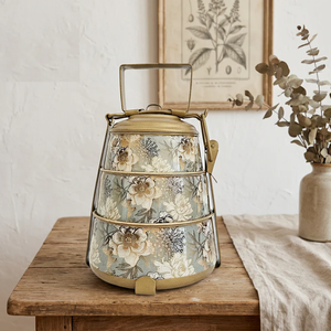 Green peach brass tiffin <b>box</b>, 2 tier hand painted floral lunch <b>box</b>, traditional flower conical food carrier, at wholesale prices - Product Image 5