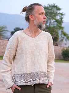 Handmade <b>Men</b> Khadi Cotton Shirt Long Sleeve V Neck T-shirt White Boho Top Breathable Organic Cotton Loose Fit Casual Shirt - Product Image 5