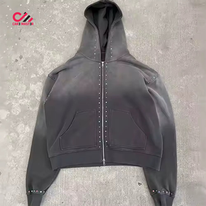 CARE MASTER Survêtement à capuche effet délavé, fermeture éclair intégrale, strass, streetwear, coupe ample, pour l'automne, couleur unie, taille adulte - Product Image 6