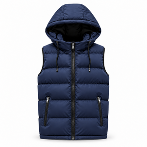 Chaleco acolchado con capucha azul marino para hombre, chaleco sin mangas con cremallera para invierno - Product Image 1