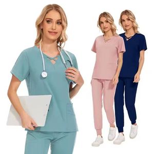 Unisex Short-Sleeve Nursing Uniform Custom Hospital Knitted Cotton Breathable Scrubs <b>Set</b> High Quality Custom Logo - Product Image 4
