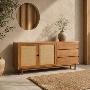 Teak <b>Sideboard</b> Cabinet Manufacturer with Rattan Doors Solid Wood Construction for OEM ODM Wholesale Buyers Bulk Orders B2B - Product Image 1