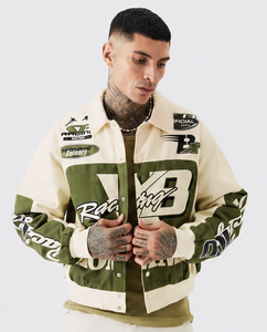 Chaqueta Varsity Cortavientos para Hombre con Diseño de Parche con Letras Verdes, Cuello Camisero, Exterior de Poliéster/Algodón, Logotipo Bordado - Product Image 6