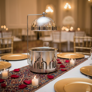 Elegante Plato para Calentar Comida de Acero Inoxidable con Diseño de Arco Dorado y Tapa de Cúpula Suspendida, Estilo Medio Oriente, de Lujo para Buffet - Product Image 6