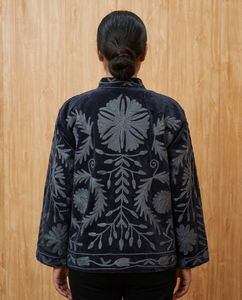 Blue Velvet Knitted Floral Embroidered Bomber Jacket Stand Collar Long Sleeve Silk Filled Eco-Friendly Breathable Winter Casual - Product Image 4