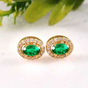 Emerald Oval Cut Gemstone <b>Stud</b> <b>Earrings</b> 925 Sterling <b>Silver</b> 14K Gold Plated Engagement Jewelry Gift For Women - Product Image 3