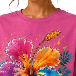 Camiseta Rosa Extra Grande para Mujer con Estampado Gráfico de Flores de Hibisco Coloridas, Camiseta Casual de Algodón para Verano, Personalizada OEM ODM al por Mayor - Product Image 5