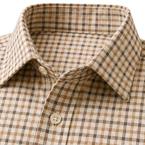 Chemise à manches longues pour homme en coton à petits carreaux beige marron, décontractée, boutonnée, personnalisable, vente en gros, vêtements de mode - Product Image 6