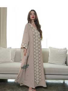 Awais House Women's Beige Embroidered Abaya Long Sleeve Floor Length High Neck Plus Size Lightweight Modest Dress Daily Wear - Product Image 1