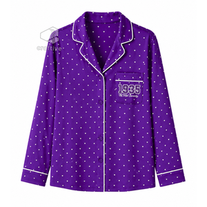 Conjunto de pijama con estampado de corazones morados para mujer de NCNW, con botones en la parte delantera, manga larga, cuello con muescas, ribetes en contraste suaves, pijamas para estar en casa - Product Image 2