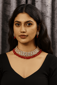 Parure de bijoux de mariage de luxe tendance pour femme : collier plaqué or 22 carats avec strass en cristal et boucles d'oreilles à perles rouges serties en canal de coupe ovale - Product Image 3