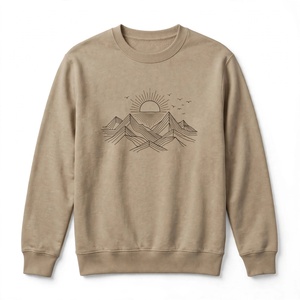 Sweat-shirt à col rond épais vintage délavé à l'acide avec motif, style streetwear personnalisé, broderie minimaliste Montagne Soleil, pull-over - Product Image 1