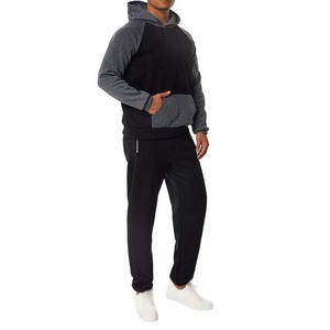 Survêtement à capuche pour homme, noir et gris, avec blocs de couleur, manches longues, coupe décontractée, polyester et coton, pour l'automne, avec poches latérales - Product Image 1