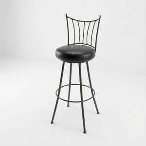 Tabouret de bar rustique moderne fait main en fer forgé et cuir avec siège rond rembourré, dossier décoratif et structure métallique pour comptoir - Product Image 1