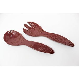 Ensemble de cuillères à salade en céramique en solde, avec motif floral, couleur rouge, ustensiles artisanaux pour servir les salades - Product Image 1
