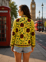 Blouson bomber en velours jaune pour femme, brodé Suzani |   Veste ethnique bohème brodée à la main avec des motifs floraux |   Vintage matelassé 100%