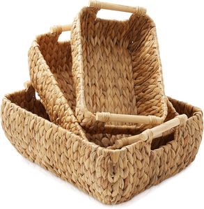 Water Hyacinth Oval <b>Storage</b> <b>Baskets</b> with Wooden Handles Handwoven Nesting Organizer Bins for Home Closet - Product Image 6