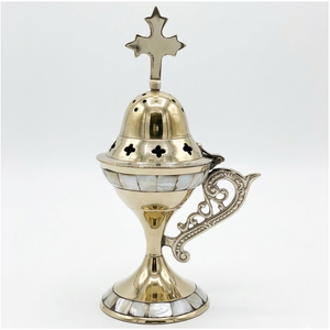 Ventilated Lid Brass <b>Incense</b> Burner with Shell Mosaic - Product Image 5