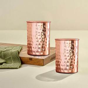 Copper Hammered Metal Cups Set of 2 Round Minimalist Design Kitchen Bar Accessories - Product Image 1