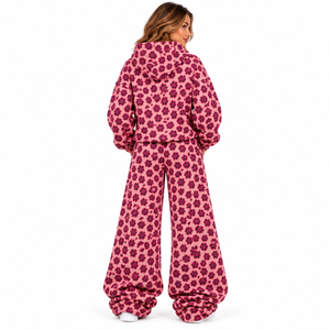 Ensemble de survêtement en molleton à imprimé floral rose pour femmes, sweat-shirt à capuche, pantalon large à jambes larges, tenue de détente en 2 pièces - Product Image 4