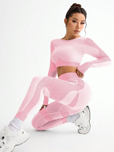 Women Piece Yoga Set Pink Solid Crew Neck Long Sleeve <b>Crop</b> <b>Top</b> High Waist Full Length Leggings Ribbed Seamless Spandex Polyester - Product Image 4