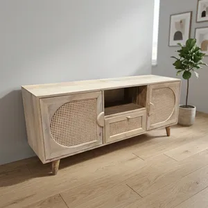 Meuble TV rustique en bois fait main avec deux portes, un tiroir et étagère ouverte, finition naturelle, console multimédia pour salon - Product Image 3
