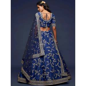 Glowing Blue Embroidered Silk Plus Size <b>Lehenga</b> Choli for Engagement - Product Image 4