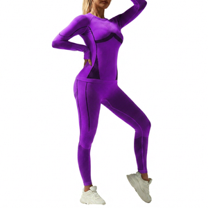 Yoga Set Women Full <b>Length</b> <b>Leggings</b> Long Sleeve High Waist Solid Color Contrast Binding Four-Way Stretch Fitness Wear - Product Image 6