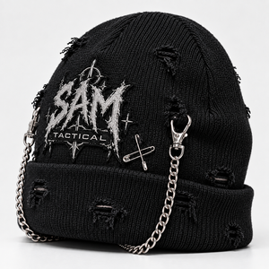 SAM TACTICAL Black Beanie <b>Hat</b> With Chains Punk Style 3D Embroidery <b>Winter</b> Cap <b>For</b> <b>Men</b> Casual Wear 56-58CM Cheap price OEM - Product Image 3